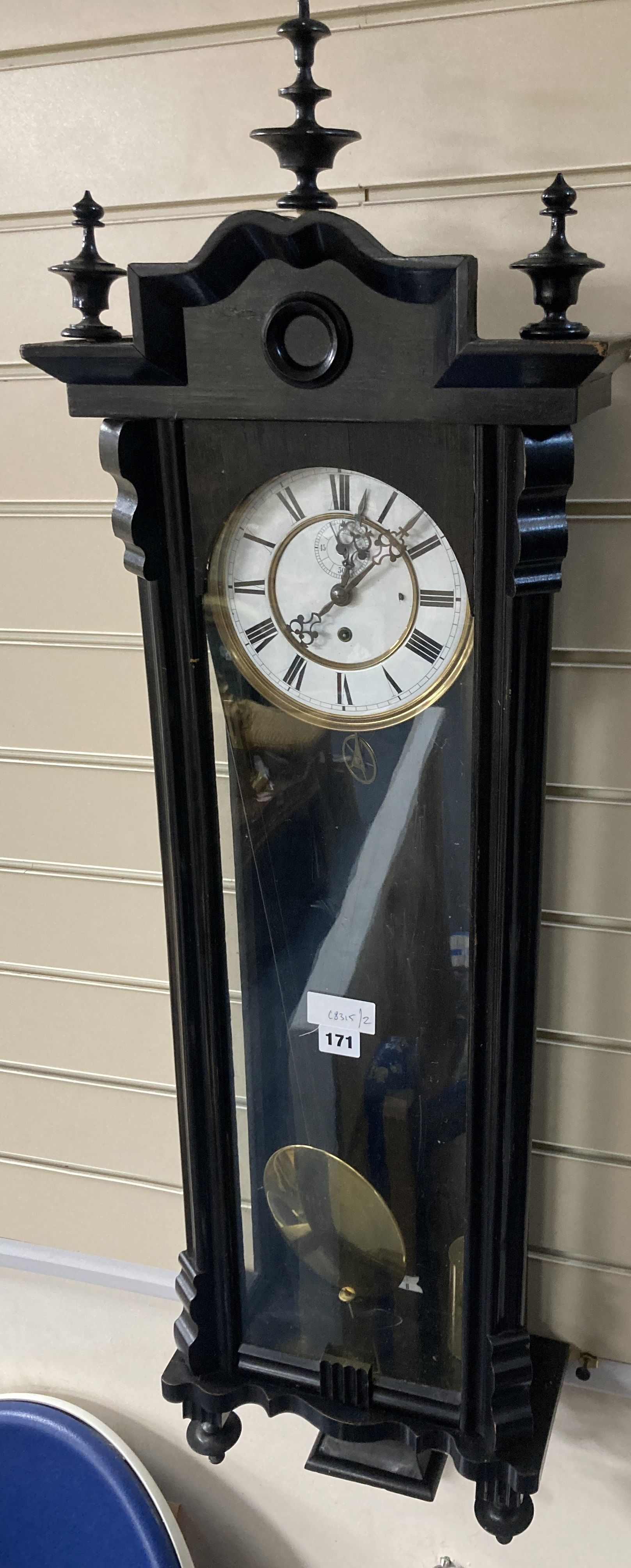 An early 20th century ebonised Vienna wall clock, height 106cm